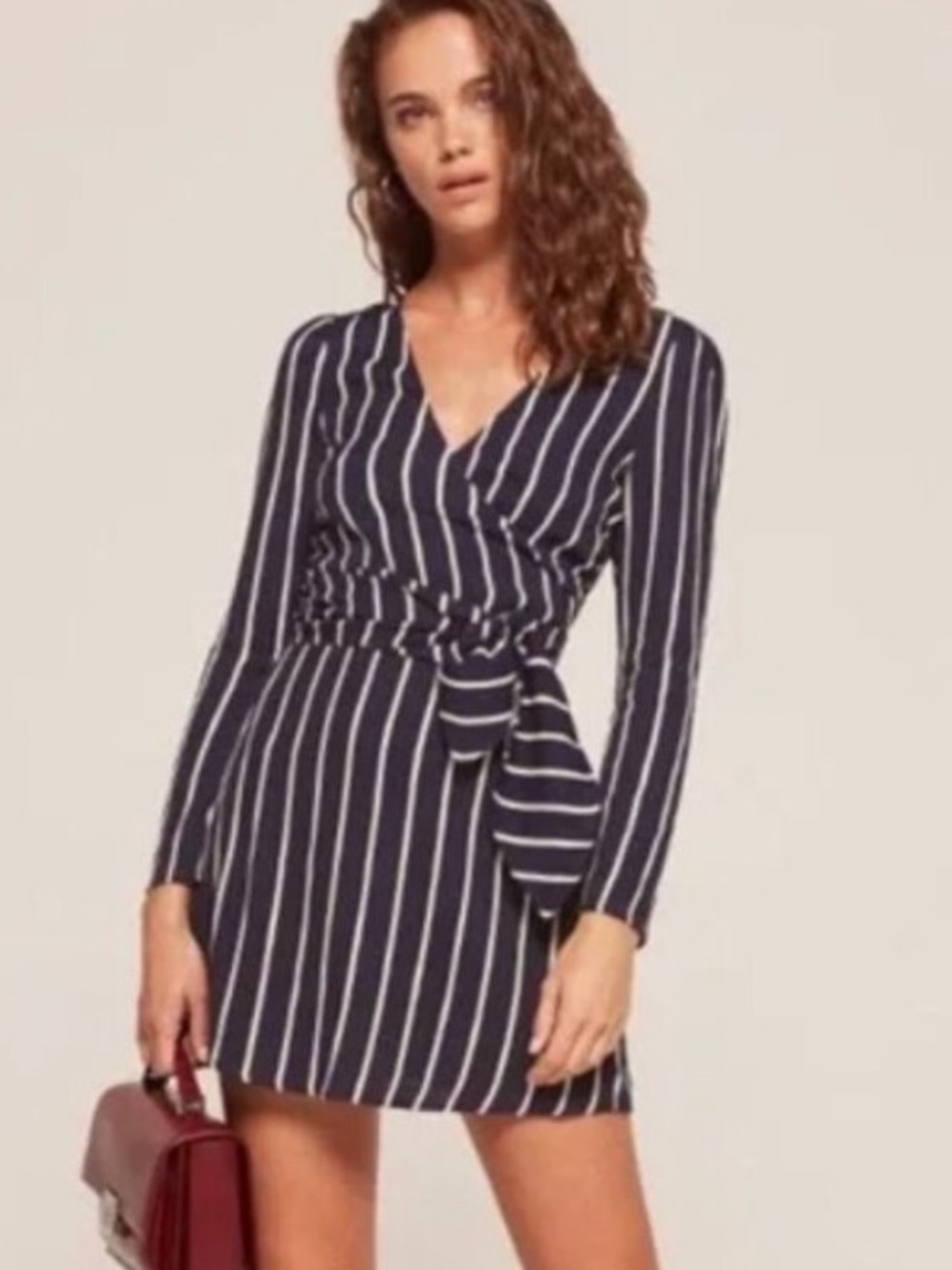 Reformation Zircon Wrap Mini Dress Capone Stripes Striped Navy Blue Long Sleeve